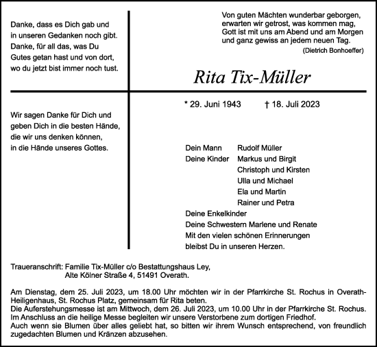 Anzeige von Rita Tix-Müller von Kölner Stadt-Anzeiger / Kölnische Rundschau / Express