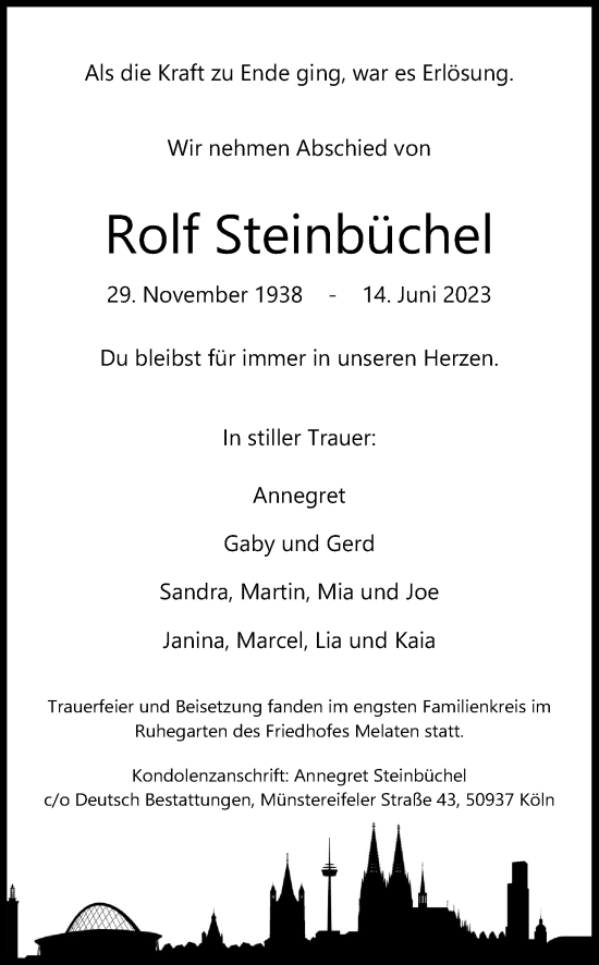 Anzeige von Rolf Steinbüchel von Kölner Stadt-Anzeiger / Kölnische Rundschau / Express