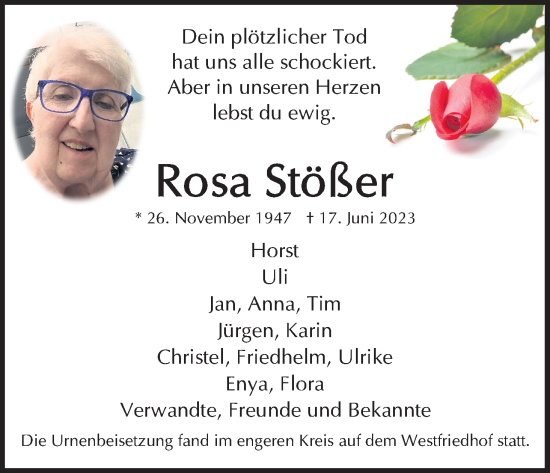 Anzeige von Rosa Stößer von Kölner Stadt-Anzeiger / Kölnische Rundschau / Express