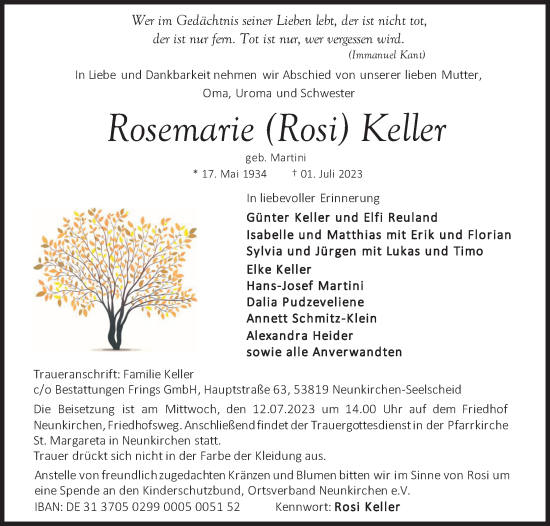 Anzeige von Rosemarie  Keller von Kölner Stadt-Anzeiger / Kölnische Rundschau / Express