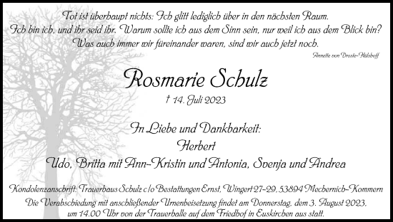Anzeige von Rosmarie Schulz von Kölner Stadt-Anzeiger / Kölnische Rundschau / Express