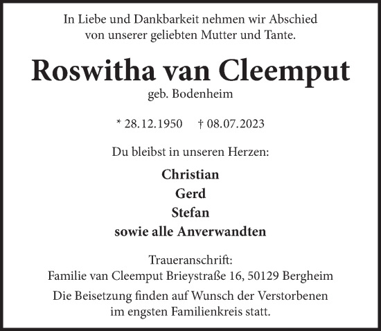 Anzeige von Roswitha van Cleemput von  Werbepost 