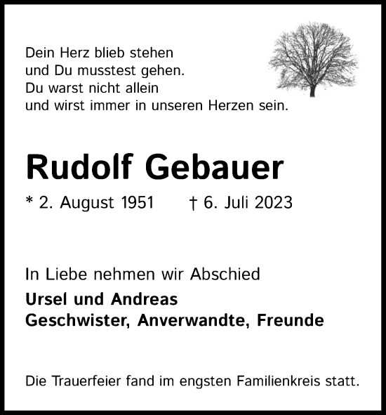Anzeige von Rudolf Gebauer von Kölner Stadt-Anzeiger / Kölnische Rundschau / Express