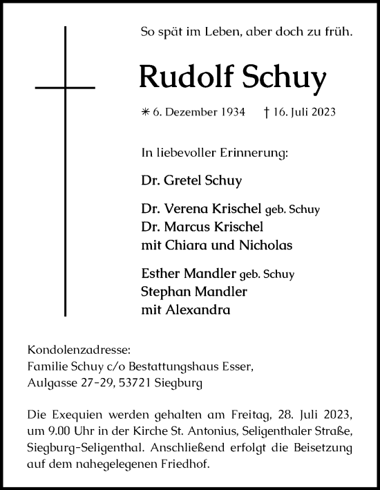 Anzeige von Rudolf Schuy von Kölner Stadt-Anzeiger / Kölnische Rundschau / Express