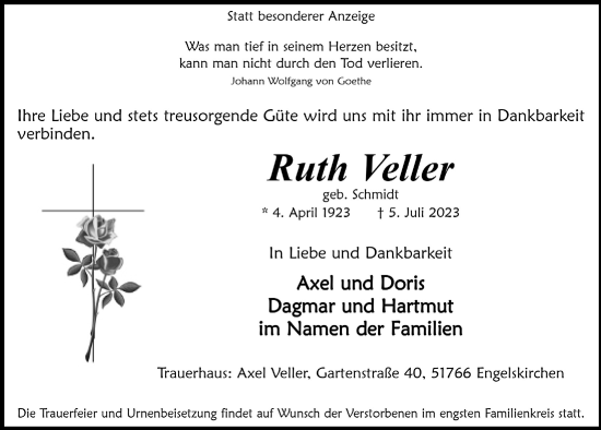 Anzeige von Ruth Veller von  Anzeigen Echo 