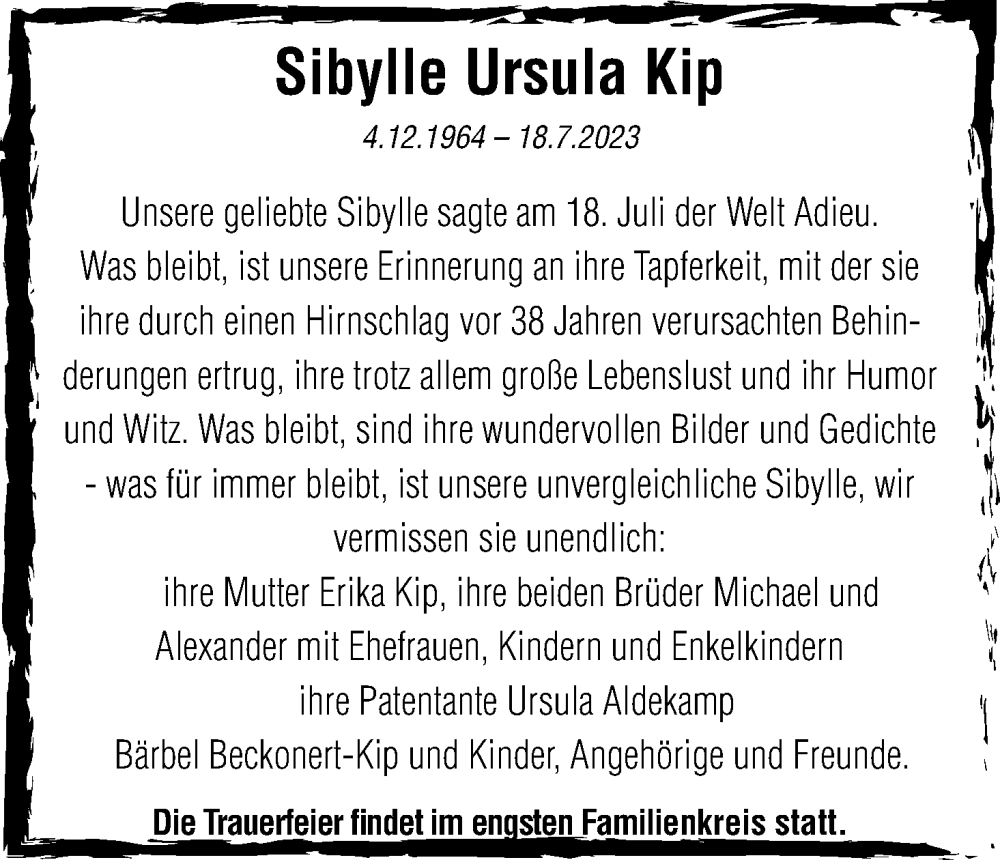  Traueranzeige für Sibylle Ursula Kip vom 29.07.2023 aus Kölner Stadt-Anzeiger / Kölnische Rundschau / Express