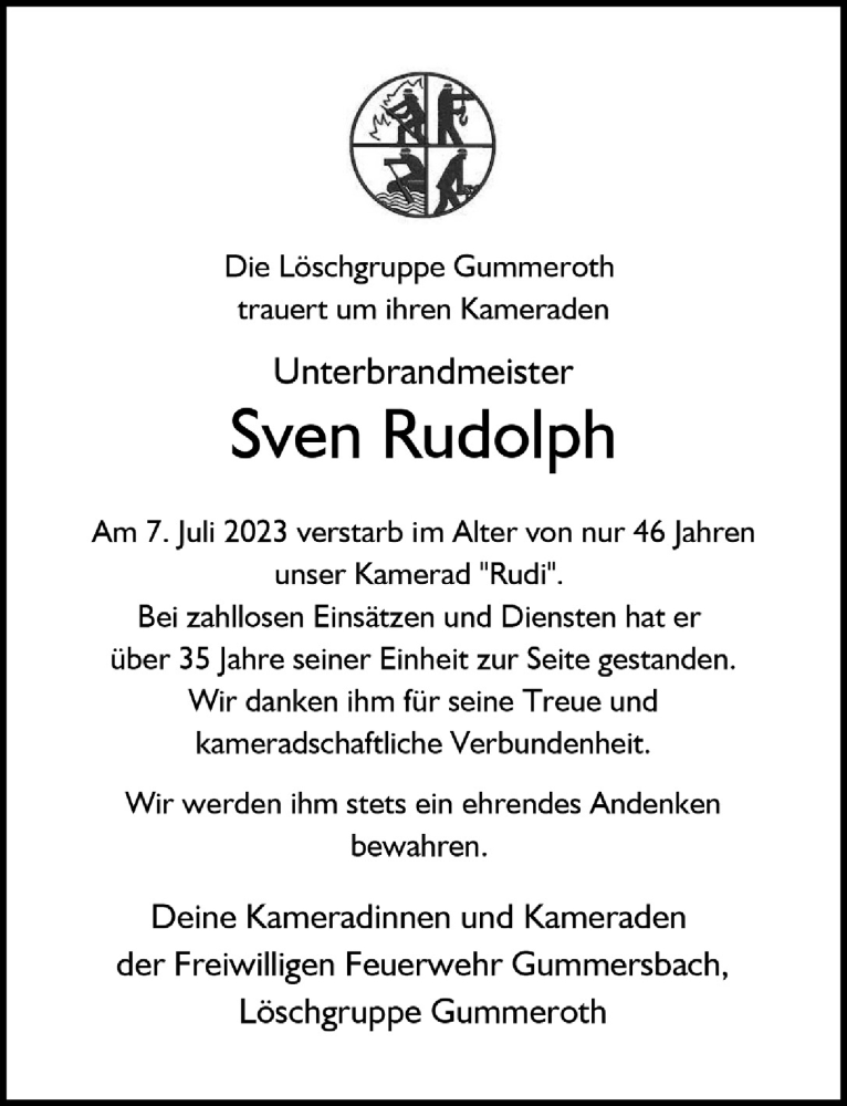  Traueranzeige für Sven Rudolph vom 21.07.2023 aus  Anzeigen Echo 