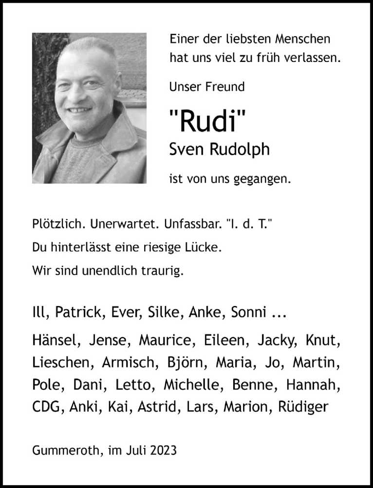  Traueranzeige für Sven Rudolph vom 21.07.2023 aus  Anzeigen Echo 