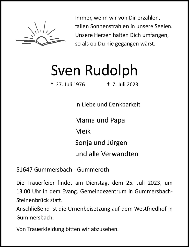  Traueranzeige für Sven Rudolph vom 21.07.2023 aus  Anzeigen Echo 