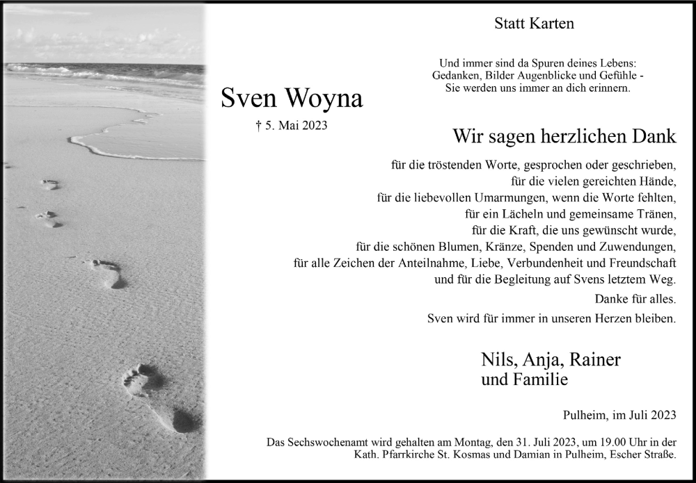  Traueranzeige für Sven Woyna vom 28.07.2023 aus  Wochenende 