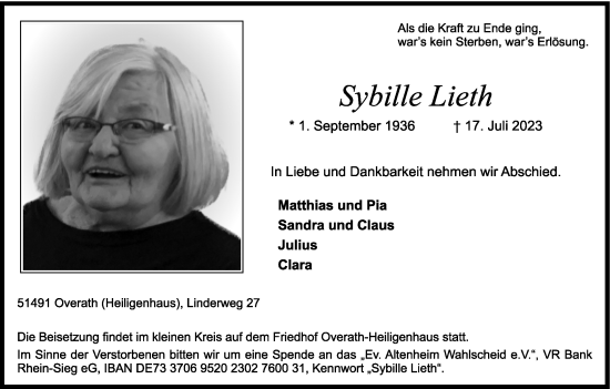 Anzeige von Sybille Lieth von Kölner Stadt-Anzeiger / Kölnische Rundschau / Express