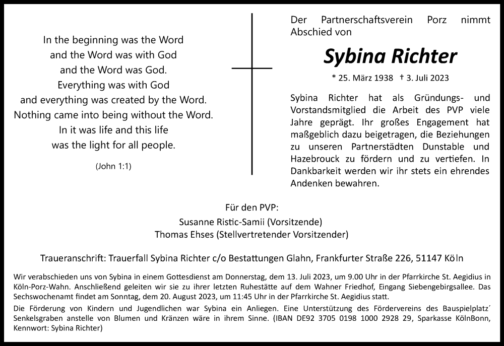  Traueranzeige für Sybina Richter vom 08.07.2023 aus Kölner Stadt-Anzeiger / Kölnische Rundschau / Express