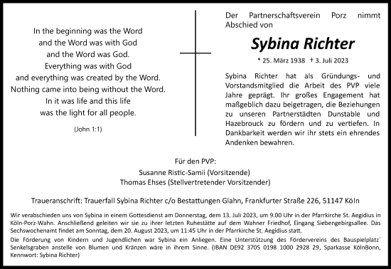 Anzeige von Sybina Richter von Kölner Stadt-Anzeiger / Kölnische Rundschau / Express