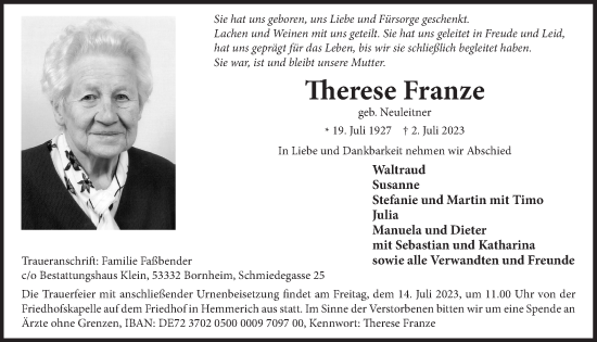 Anzeige von Therese Franze von  Schaufenster/Blickpunkt 
