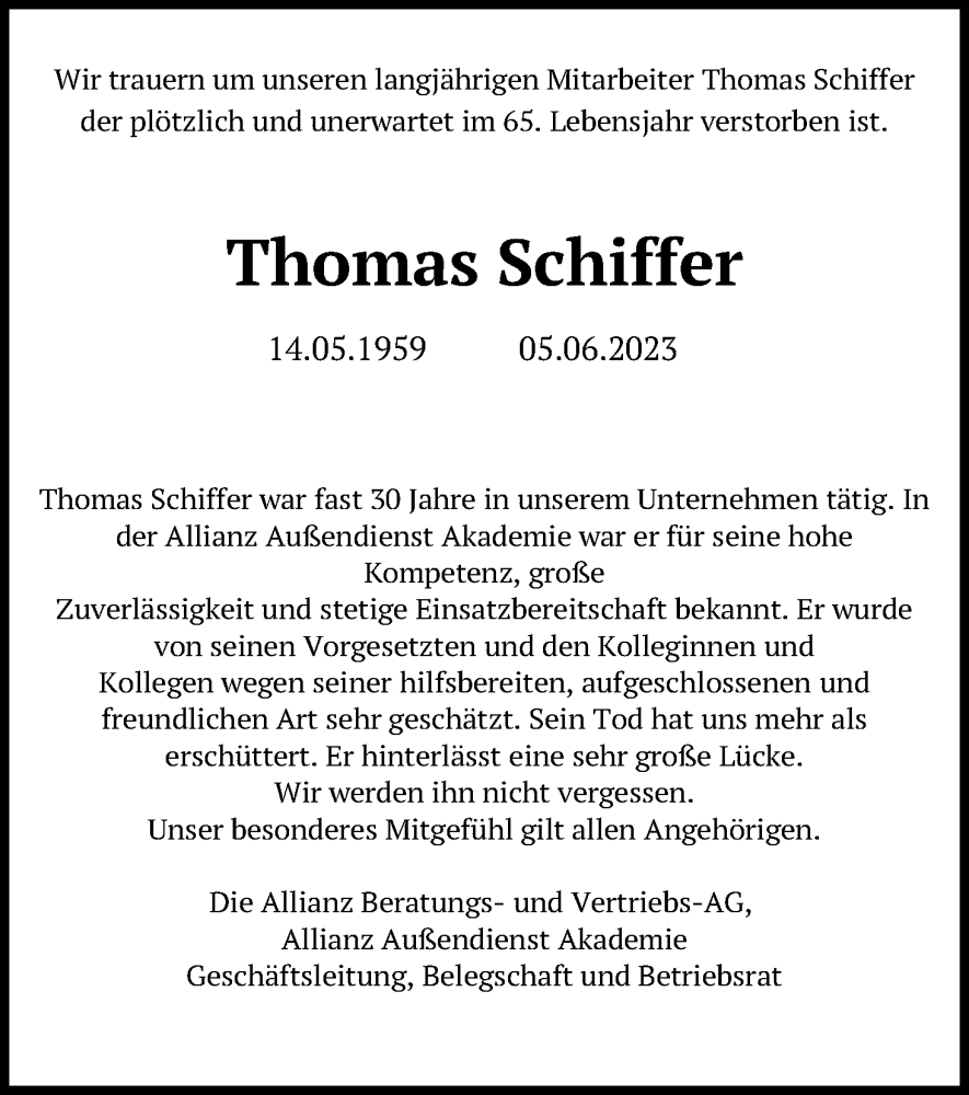  Traueranzeige für Thomas Schiffer vom 10.07.2023 aus Kölner Stadt-Anzeiger / Kölnische Rundschau / Express