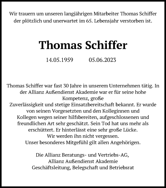 Anzeige von Thomas Schiffer von Kölner Stadt-Anzeiger / Kölnische Rundschau / Express