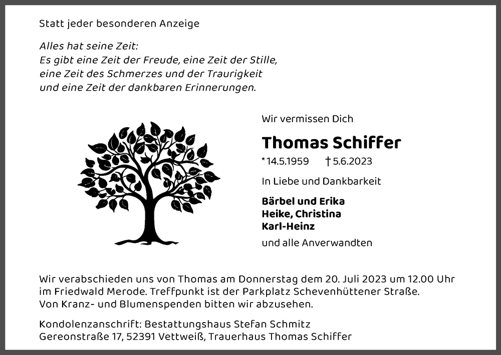  Traueranzeige für Thomas Schiffer vom 08.07.2023 aus Kölner Stadt-Anzeiger / Kölnische Rundschau / Express