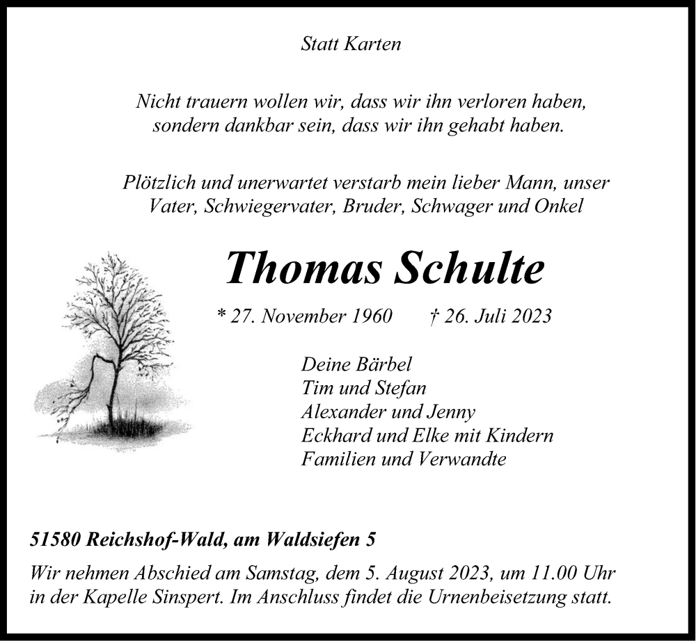  Traueranzeige für Thomas Schulte vom 29.07.2023 aus Kölner Stadt-Anzeiger / Kölnische Rundschau / Express