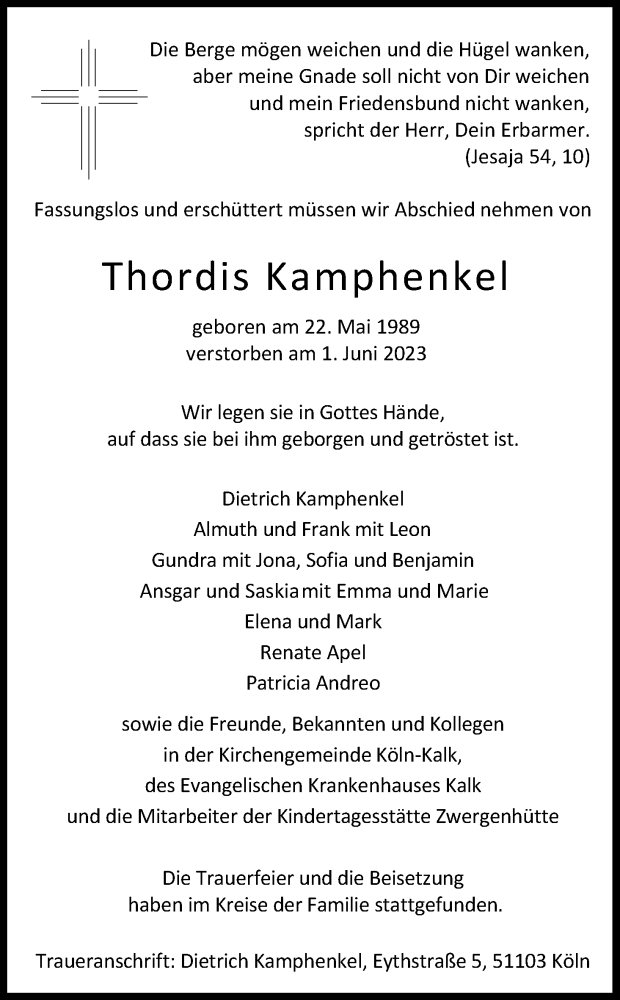  Traueranzeige für Thordis Kamphenkel vom 29.07.2023 aus Kölner Stadt-Anzeiger / Kölnische Rundschau / Express