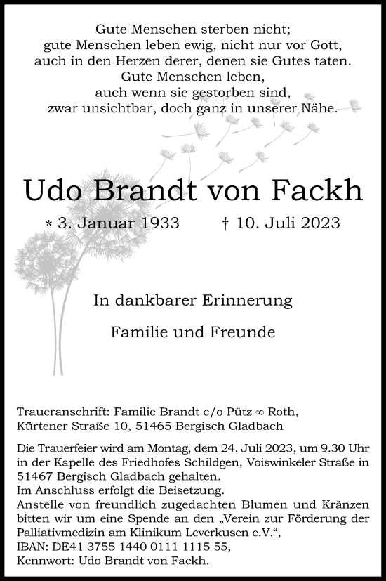 Anzeige von Udo Brandt von Fackh von Kölner Stadt-Anzeiger / Kölnische Rundschau / Express