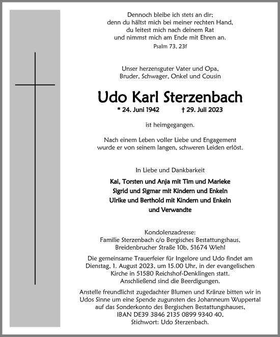 Anzeige von Udo Karl Sterzenbach von Kölner Stadt-Anzeiger / Kölnische Rundschau / Express