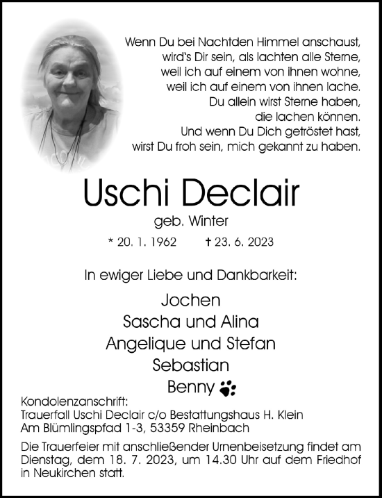 Anzeige von Uschi Declair von  Schaufenster/Blickpunkt 