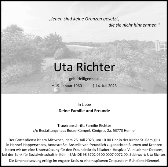Anzeige von Uta Richter von Kölner Stadt-Anzeiger / Kölnische Rundschau / Express
