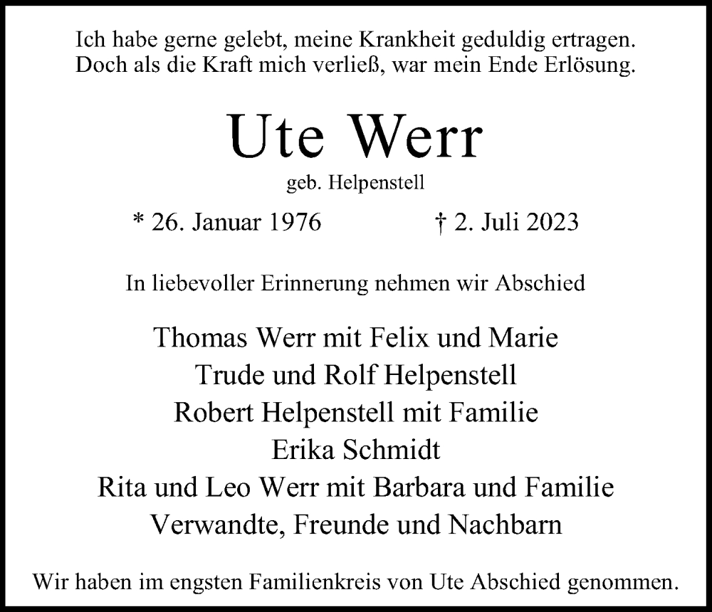  Traueranzeige für Ute Werr vom 29.07.2023 aus Kölner Stadt-Anzeiger / Kölnische Rundschau / Express