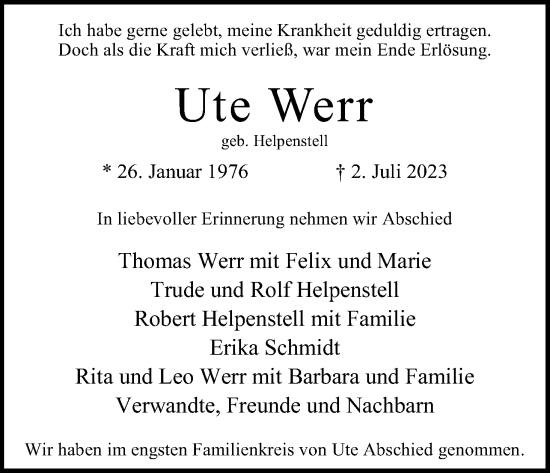 Anzeige von Ute Werr von Kölner Stadt-Anzeiger / Kölnische Rundschau / Express