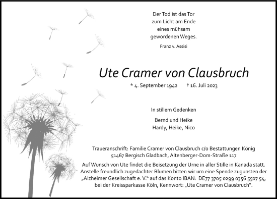 Anzeige von Ute Cramer von Clausbruch von  Bergisches Handelsblatt 