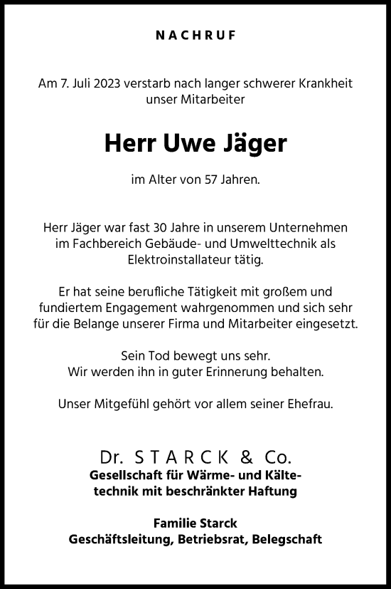 Anzeige von Uwe Jäger von Kölner Stadt-Anzeiger / Kölnische Rundschau / Express