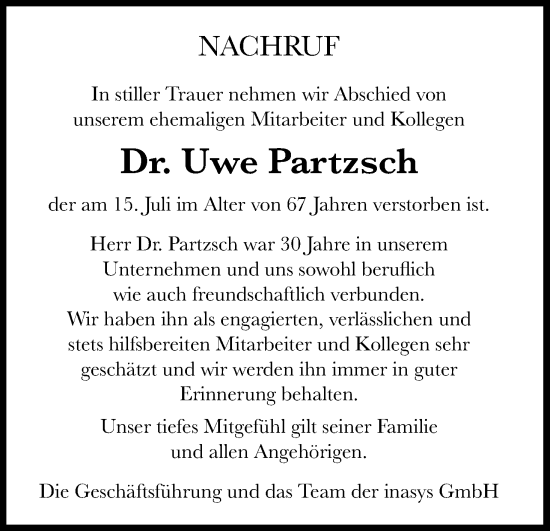 Anzeige von Uwe Partzsch von Kölner Stadt-Anzeiger / Kölnische Rundschau / Express