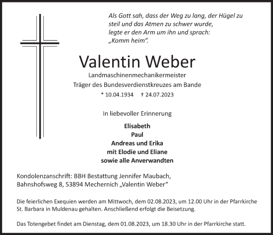 Anzeige von Valentin Weber von  Blickpunkt Euskirchen 