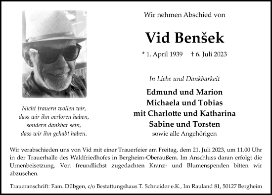 Anzeige von Vid Bensek von  Werbepost 