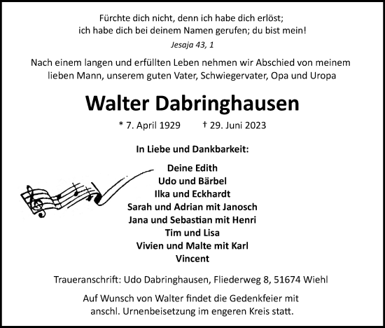 Anzeige von Walter Dabringhausen von Kölner Stadt-Anzeiger / Kölnische Rundschau / Express