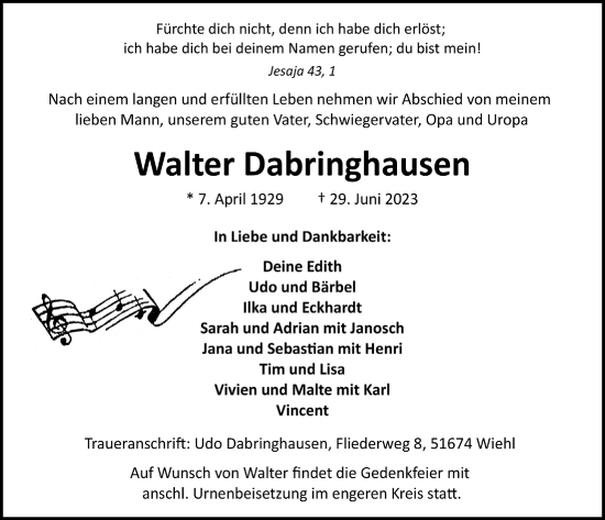 Anzeige von Walter Dabringhausen von  Anzeigen Echo 