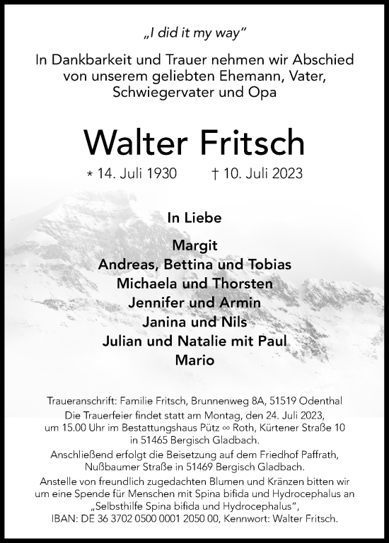 Anzeige von Walter Fritsch von Kölner Stadt-Anzeiger / Kölnische Rundschau / Express