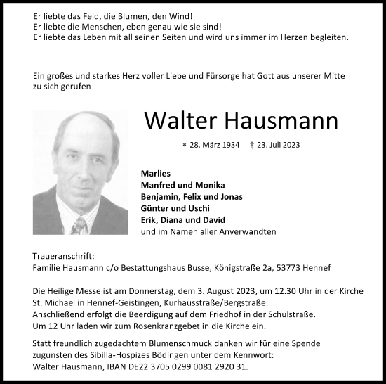 Anzeige von Walter Hausmann von Kölner Stadt-Anzeiger / Kölnische Rundschau / Express
