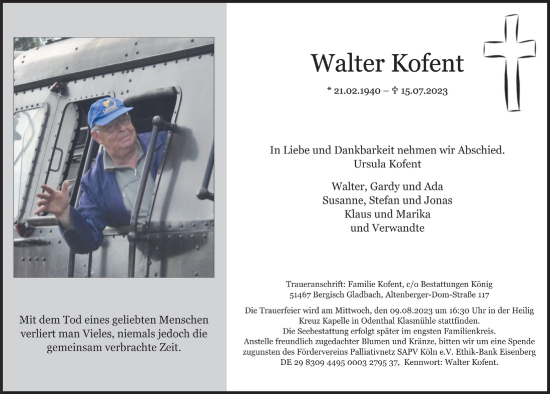 Anzeige von Walter Kofent von  Bergisches Handelsblatt 