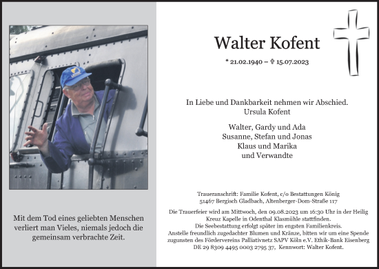 Anzeige von Walter Kofent von Kölner Stadt-Anzeiger / Kölnische Rundschau / Express