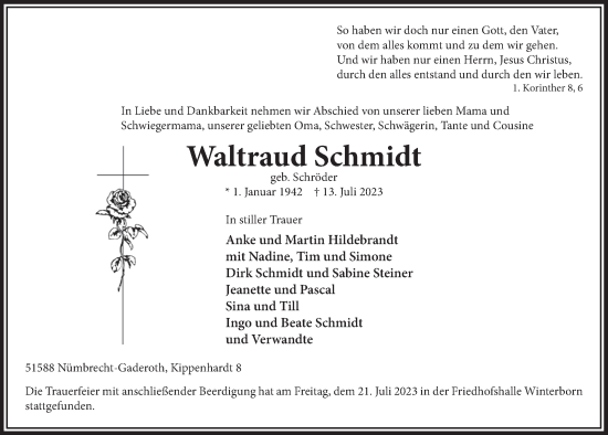 Anzeige von Waltraud Schmidt von  Lokalanzeiger 