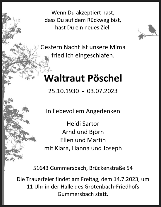 Anzeige von Waltraut Pöschel von Kölner Stadt-Anzeiger / Kölnische Rundschau / Express