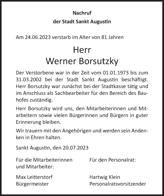 Anzeige von Werner Borsutzky von  Extra Blatt 