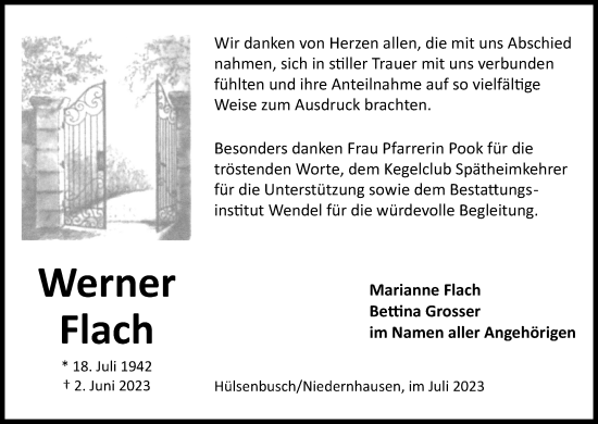 Anzeige von Werner Flach von Kölner Stadt-Anzeiger / Kölnische Rundschau / Express