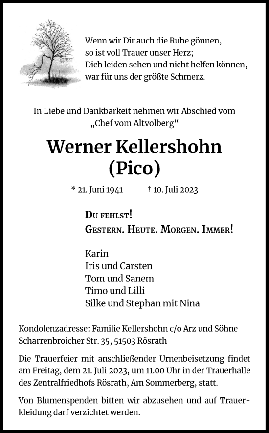Anzeige von Werner Kellershohn von Kölner Stadt-Anzeiger / Kölnische Rundschau / Express