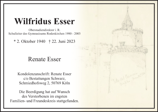 Anzeige von Wilfridus Esser von Kölner Stadt-Anzeiger / Kölnische Rundschau / Express