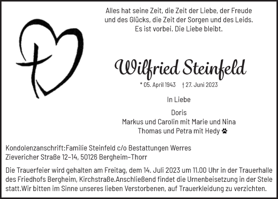 Anzeige von Wilfried Steinfeld von  Werbepost 