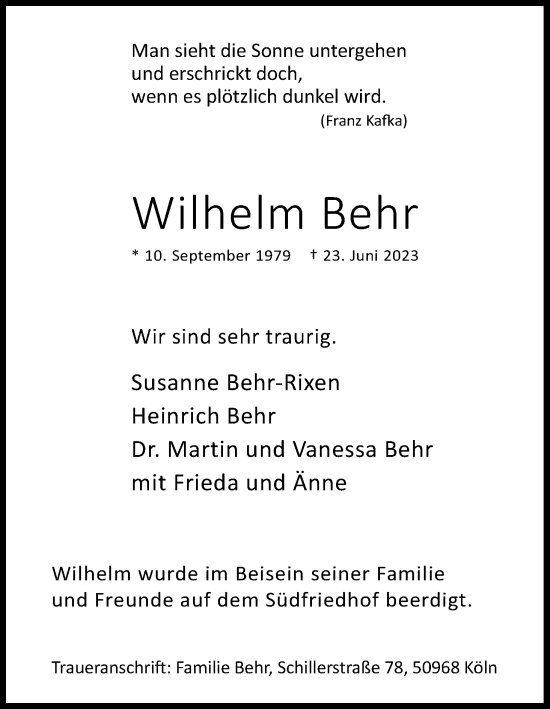 Anzeige von Wilhelm Behr von Kölner Stadt-Anzeiger / Kölnische Rundschau / Express