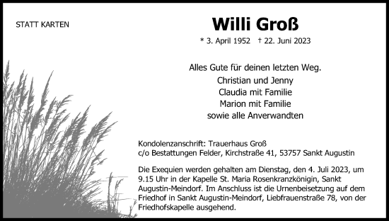 Anzeige von Willi Groß von Kölner Stadt-Anzeiger / Kölnische Rundschau / Express