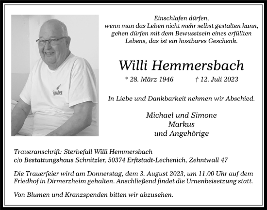 Anzeige von Willi Hemmersbach von  Werbepost 